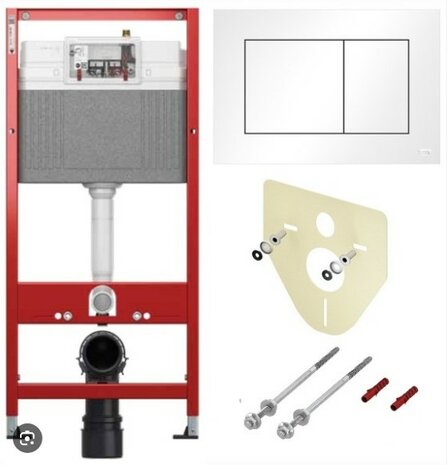 hangend toilet, inbouwframe en mat chroom bedieningspaneel.
