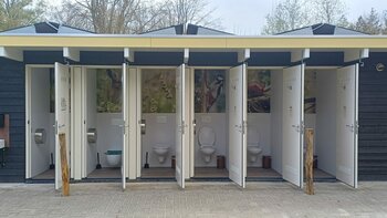 hangend toilet, inbouwframe en mat chroom bedieningspaneel.